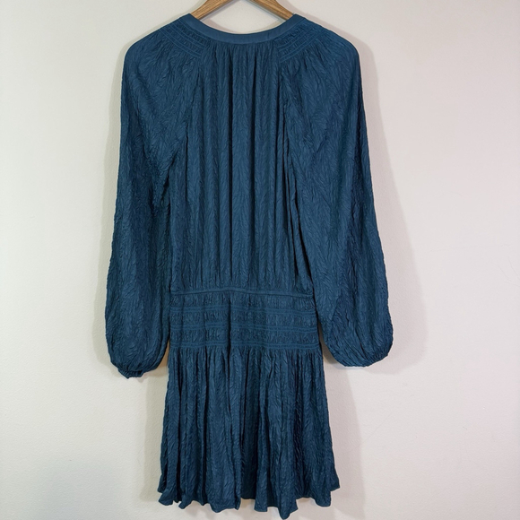 CURRENT AIR Anthropologie Long Sleeve Silky Crinkle Smocked Waist Dress Teal S - Picture 7 of 7
